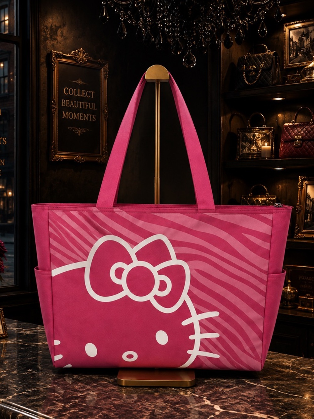 Hello Kitty Extra Large Canvas Tote Shoulder Bag Pink & White NWT
